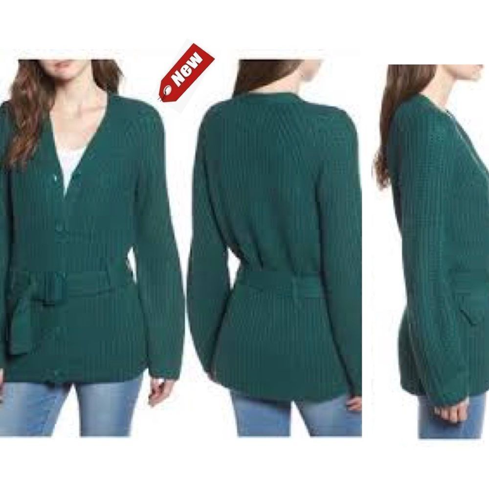 𝅺LEITH dark green belted cardigan sweater Sz S NWT
